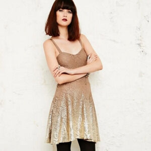 FREE PEOPLE Mocha Ombré Gold Foil Embroidered Tank Skater Dress SM Lined CLEAN